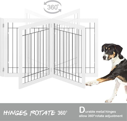 PAWLAND 144-inch Extra Wide 30-inches Tall Dog gate with Door Walk Through, Freestanding Wire Pet Gate for The House, Doorway, Stairs, Pet Puppy Safety Fence, Support Feet Included, White,6 Panels