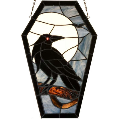 Bieye W12001 Gothic Raven Stained Glass Window Panel, Tiffany Style Hanging Suncatcher for Halloween Decor (Dark Blue, 16" H Coffin-shaped)