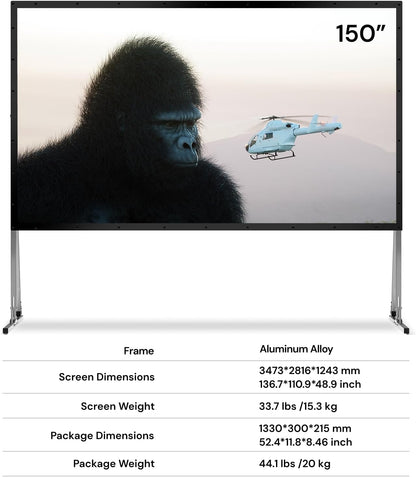 AWOL VISION Folding Outdoor Projector Screen with Stand (150 inches), Portable 16:9 4K HD Rear Front Movie Screen with Carry Bag for Theater Backyard Movie Night,Cinema School