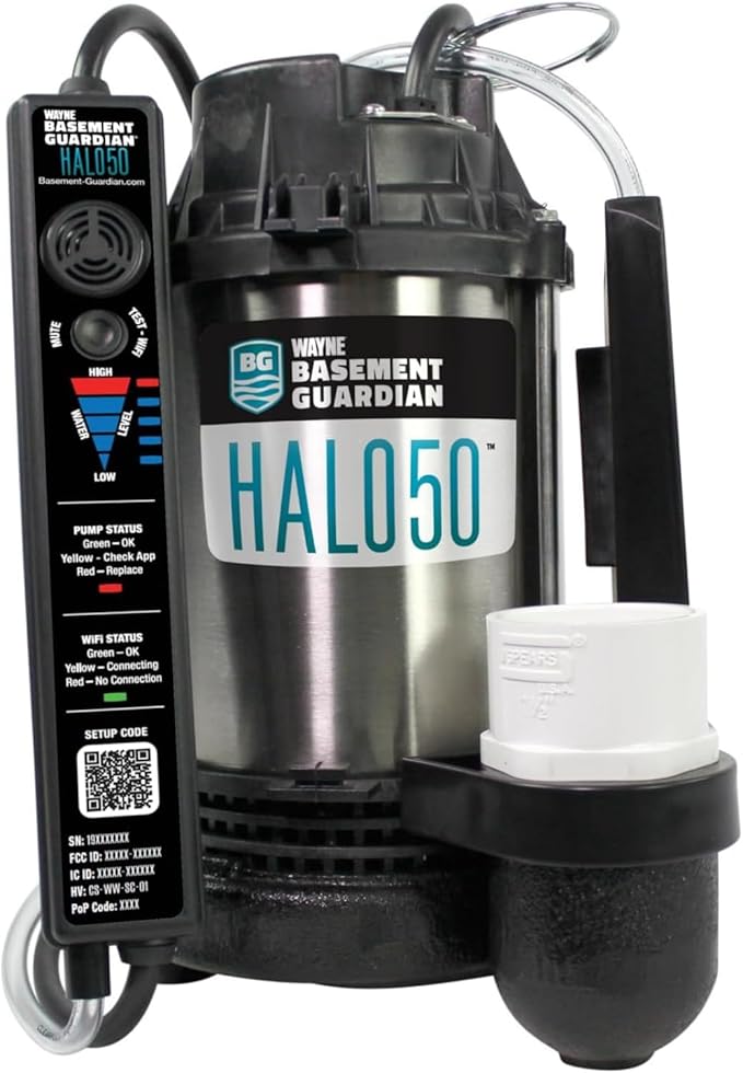 WAYNE HALO50 Smart Sump Pump – ½ HP Stainless Steel Basement Protection Pump, Up to 5,100 GPH – Digitally Connected Flood Protection with App Monitoring – Quiet Operation
