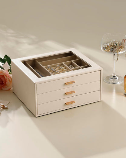 GLOBAL KA Jewelry Box with Glass Lid,3-Layer Jewelry Boxes for Women,PU Leather Jewelry Organizer with 20-Grid Earring Drawer & Movable Dividers for Necklaces Rings - Cloud White
