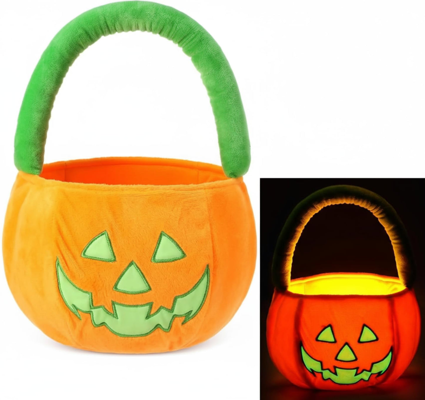 Teenyyou Halloween Pumpkin Trick or Treat Bucket Plush Candy Bag Basket Tote for Trick or Treating Glow in The Dark Favor Bags for Halloween Party Supplies