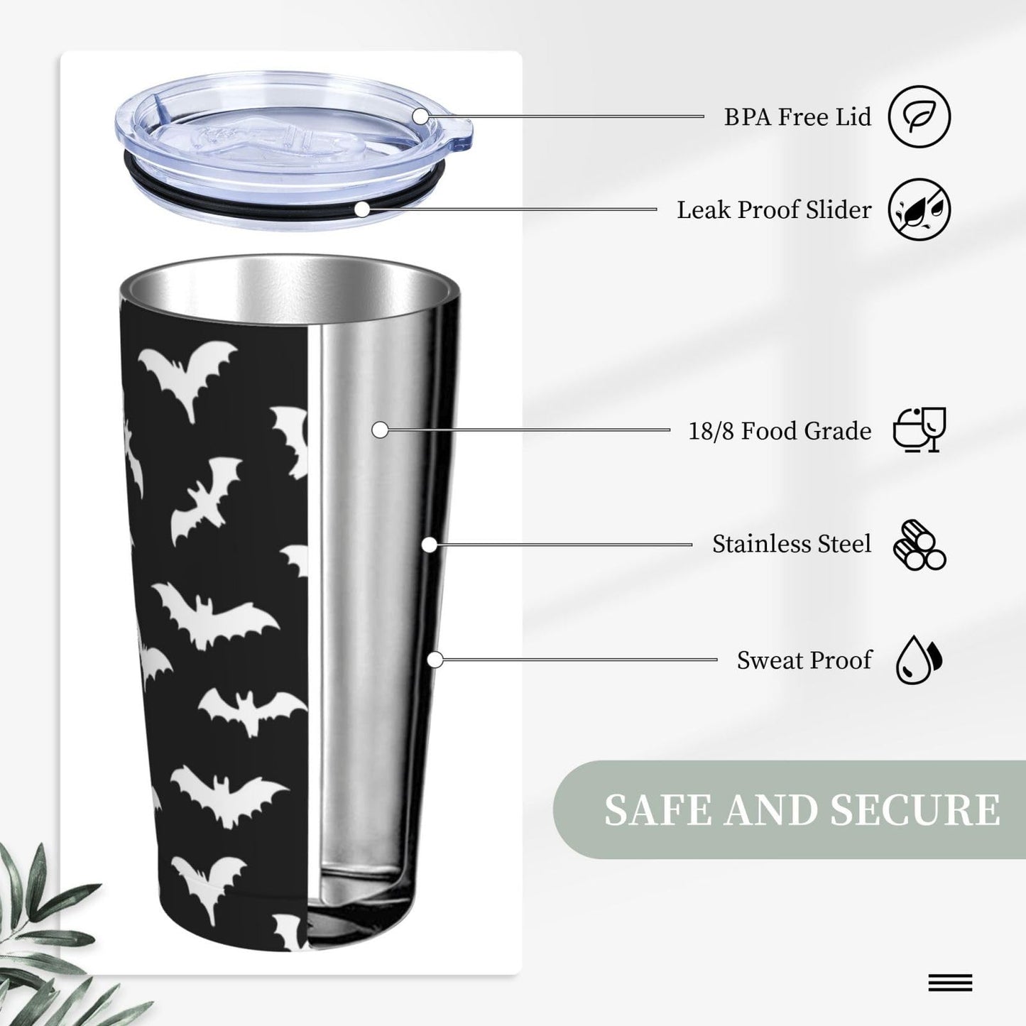 Perinsto Bats Halloween 20oz Travel Tumbler With Lid And Straw, Stainless Steel Tumblers Insulated Coffee Cup Mug Gift For Men Women