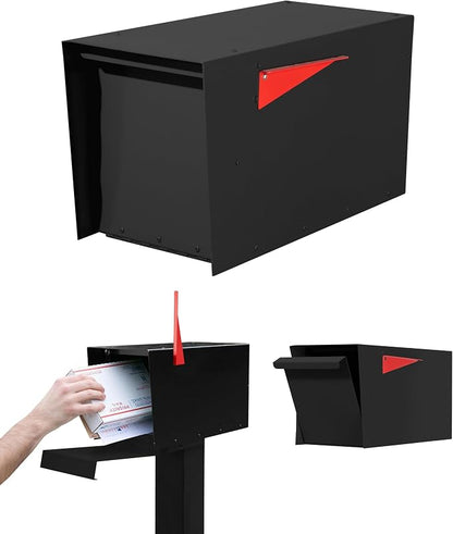 Ilyapa Modern Mailbox for Post Mount - Black with Black Door Heavy Duty Powder Coated Steel, Waterproof Letter Box for Curbside Parcels, Corrosion Resistant with Recessed Magnetic Close Door, Large