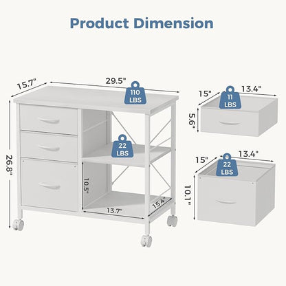 OLIXIS 3-Tier Printer Stand with Fabric Storage Drawer, Rolling Printer Cart with Lockable Wheels and Metal Frame, Under Desk Table with Open Storage Shelf for Small Spaces, Home, Office, White