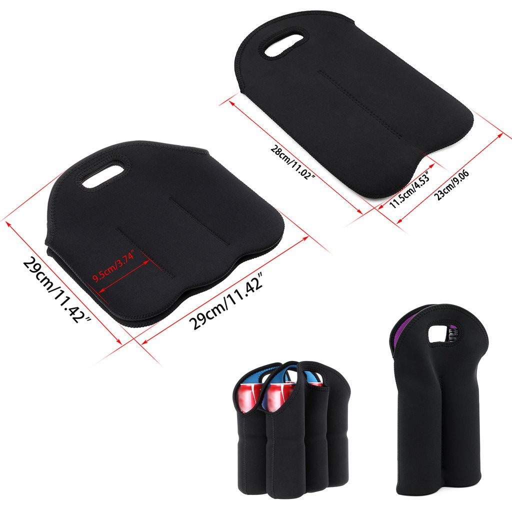 Hipiwe Set of 2 - Insulated Neoprene Wine Carrier Tote Bag + 6 Pack Beer Water Can Carrier Tote Bottle Holder Bottle Cooler Bag - Perfect for Travel with Secure Carry Handle