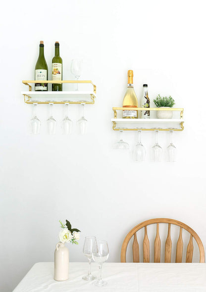 Mkono Wall Mounted Wine Rack Set of 2 White Wood Wine Bottle Glass Holder Floating Shelves with Stemware Hanger Modern Plants Photos Wine Display Storage Holder for Kitchen Dining Room Bar, 17 Inch