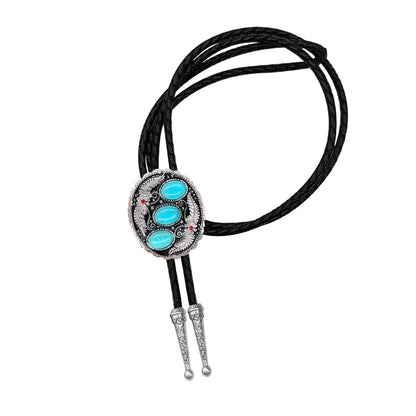 QUKE Vintage Native American Western Cowboy Three Blue Turquoise Stone Bolo Tie Hand-woven Leather Bola Tie Necktie for Men