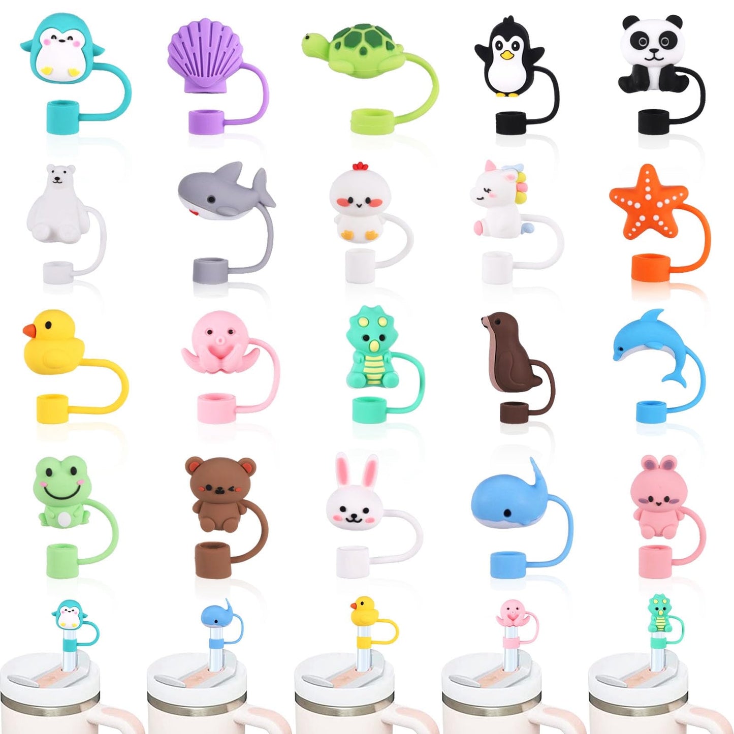 XLSXEXCL 20 Pcs Animal Straw Cover Caps Compatible with Stanley Cup, Silicone Cute Reusable Straw Toppers for Cups 30&40 Oz Tumbler Accessories 10mm
