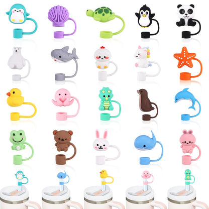 XLSXEXCL 20 Pcs Animal Straw Cover Caps Compatible with Stanley Cup, Silicone Cute Reusable Straw Toppers for Cups 30&40 Oz Tumbler Accessories 10mm