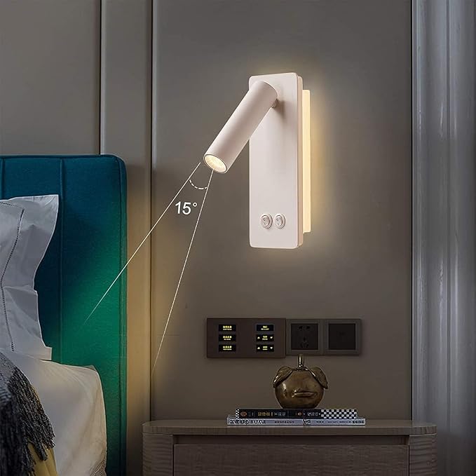 Bedside Reading Lamp Wall Mounted, LED Wall Reading Lights for Bed, Plug in Wall Sconce Set of 2, Bed Reading Light 3W 3000K Book Light with 9W Ambient Lighting