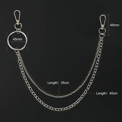 WHIPPY Double Grommet Belt with Chain for Women Men PU Leather Double Prong Buckle Punk Rock Jeans Waist Belts (Black, M)
