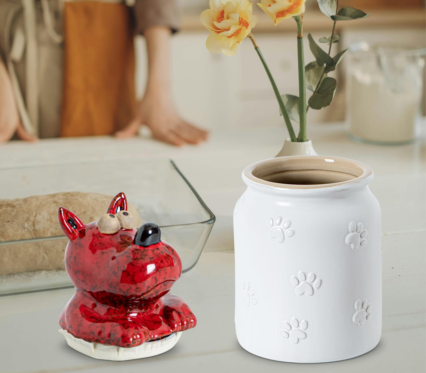 GABROC Dog Cookie Jar with Airtight Sealing Lid Matte White Ceramic Candy Jar with Lid– Cute Cartoon Dog Shape, Red‑Black Glaze Artistry