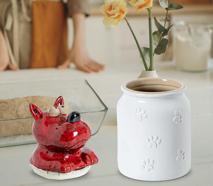 GABROC Dog Cookie Jar with Airtight Sealing Lid Matte White Ceramic Candy Jar with Lid– Cute Cartoon Dog Shape, Red‑Black Glaze Artistry