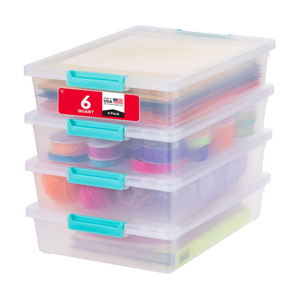 IRIS USA 6 Qt. Craft Storage Bins with Lids, 4-Pack, |Made in USA|, Clip Box, Small Plastic Sensory Bin Tote Organizer Containers for Art Supplies, Paper, & Office, Stackable - Clear/Seafoam Blue