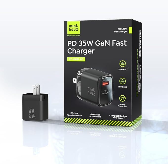 Minthouz 35W USB C Fast Charging Charger, Dual-Port GaN Nano Charger with Foldable Plug for iPhone 17/16/15 Series, iPad, Galaxy S24 Ultra and More Series
