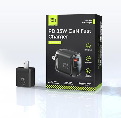 Minthouz 35W USB C Fast Charging Charger, Dual-Port GaN Nano Charger with Foldable Plug for iPhone 17/16/15 Series, iPad, Galaxy S24 Ultra and More Series