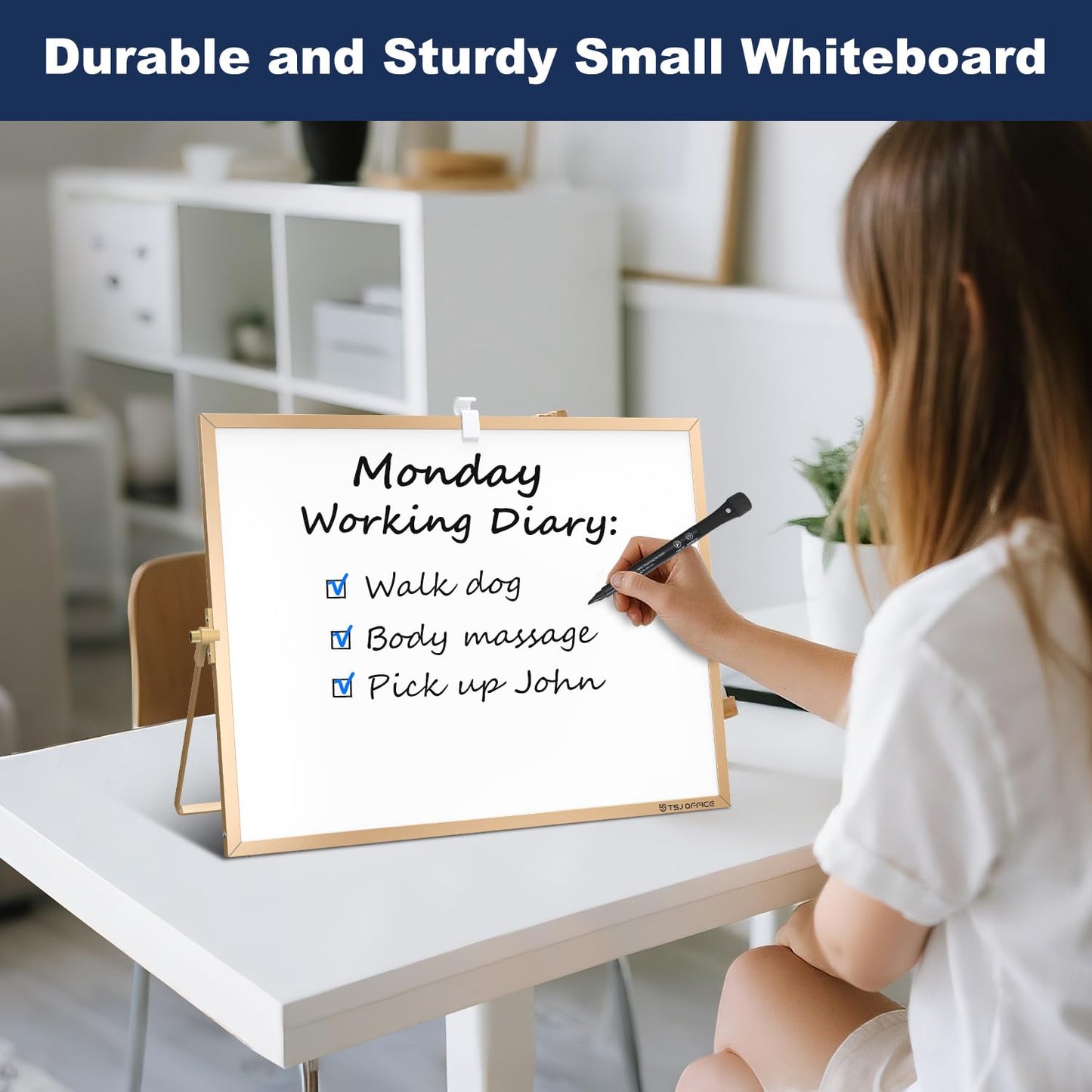 TSJ OFFICE Small White Board - 12 X 16 Inches Small Magnetic Dry Erase Board with Hooks for Wall, Desktop Whiteboard Stand 360 Degrees Revolving Double Sided for Office, Home, School, Gold