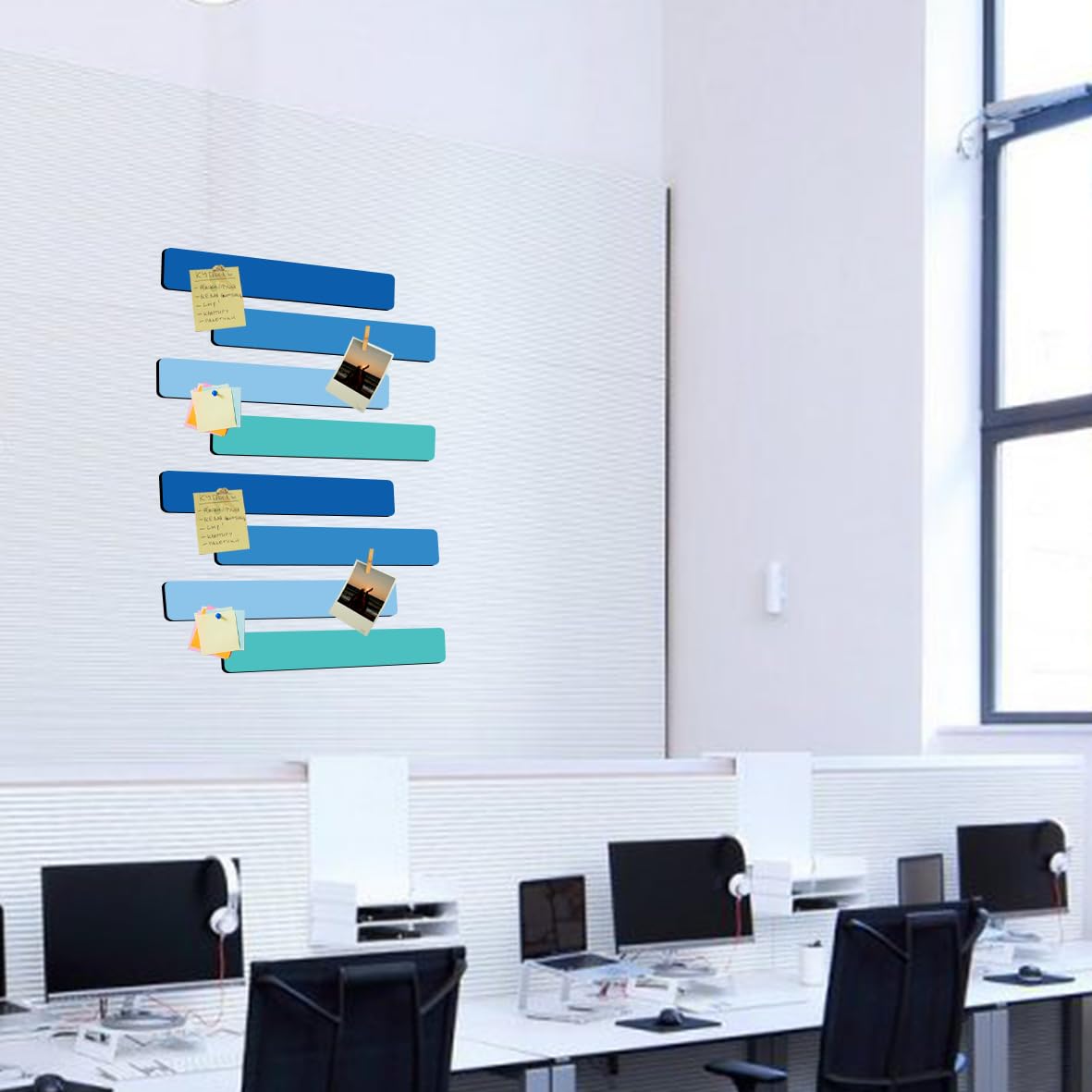 Vuzvuv 8 pcs Bulletin Board Bar Strips with 50 Pushpins & 10 Wooden Clip pins，Self Adhesive Cork Board for Wall，Felt Pin Board for School，Office Decor(Sea Blue)
