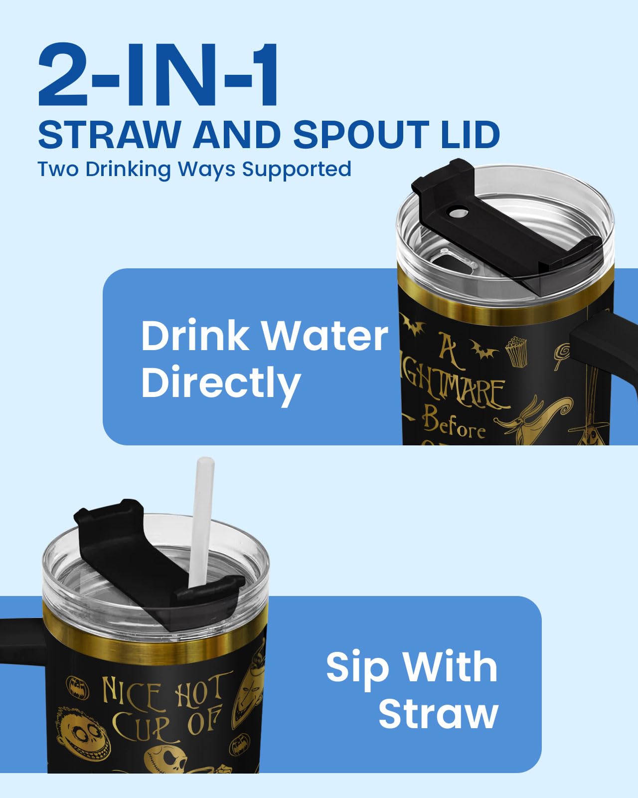 34HD Nightmare Before Coffee Tumbler 40oz with Handle and Straw, Laser Engraved Skeleton Insulated Travel Coffee Cup - Cartoon Character Gifts on Birthday for Cafe Lovers, Men & Women