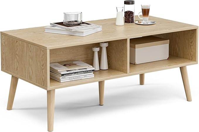 ZttRiee Coffee Table with Storage, Boho Dining Table with Rattan Drawer and Solid Wood Legs, Small Coffee Tables for Living Room, Oak