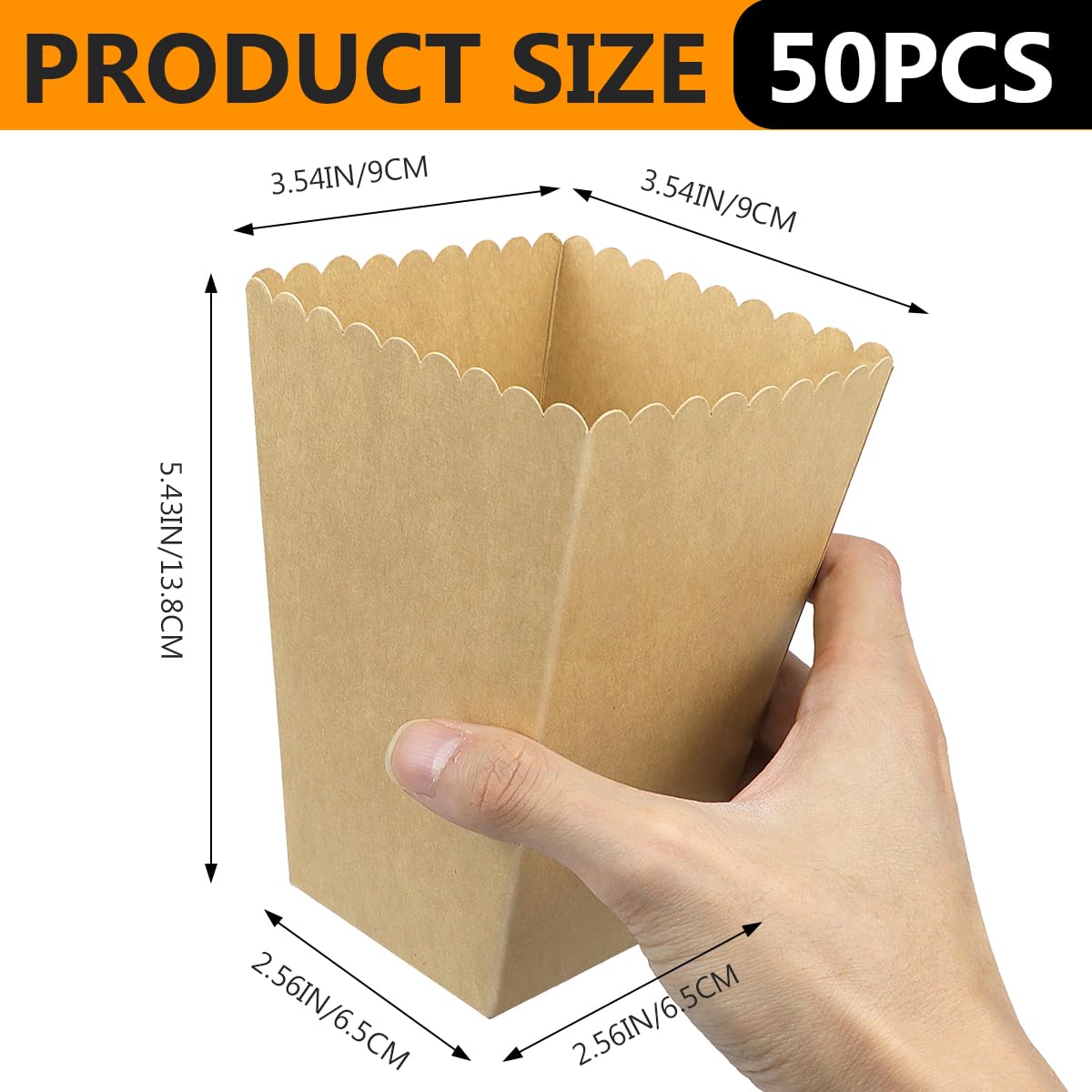 DOERDO 50pcs Popcorn Box for Party, Kraft Paper Popcorn Buckets Oil-Proof Snack Containers for Movie Theater Wedding Birthday Party, 3.5x3.5x5.4Inch