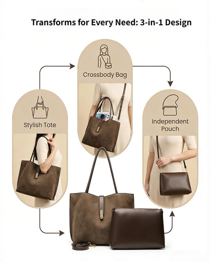 Vegan Leather Tote Bag for Women,UPGRADED LARGER SIZE 2-in-1 Shoulder Handbag with Removable Pouch,Work & Daily Use(Large - Vegan Leather - brown)