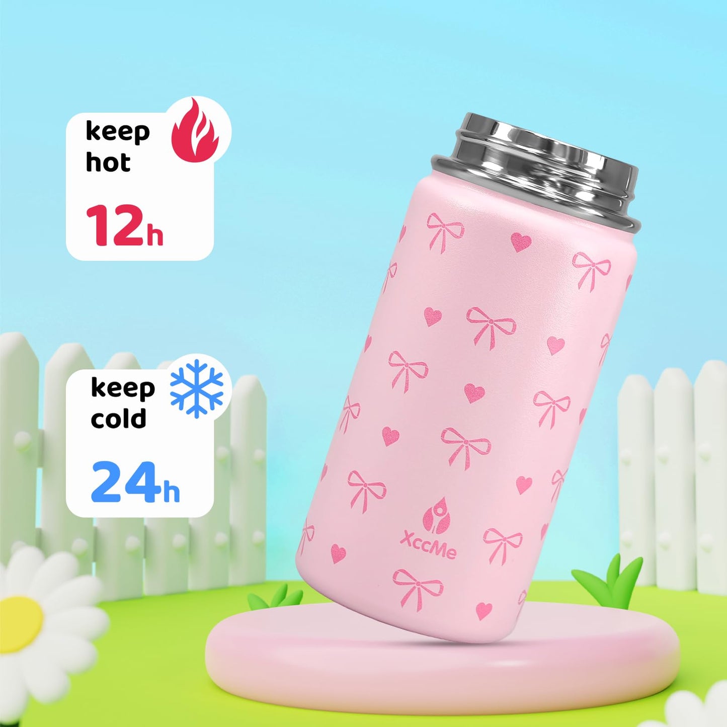 XccMe 2Pack Kids Water Bottle With Straw Lid,14 oz Stainless Steel Travel Bottle,Double Wall Leak Proof Kids Cup,Insulated Tumbler for Toddlers,Metal Bottle for School Boys Girls(Bow+Dinosaur)