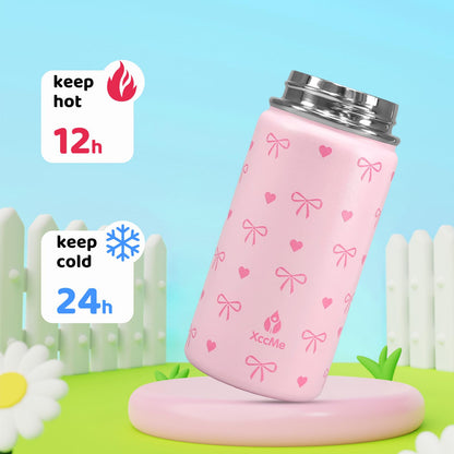 XccMe 2Pack Kids Water Bottle With Straw Lid,14 oz Stainless Steel Travel Bottle,Double Wall Leak Proof Kids Cup,Insulated Tumbler for Toddlers,Metal Bottle for School Boys Girls(Bow+Dinosaur)