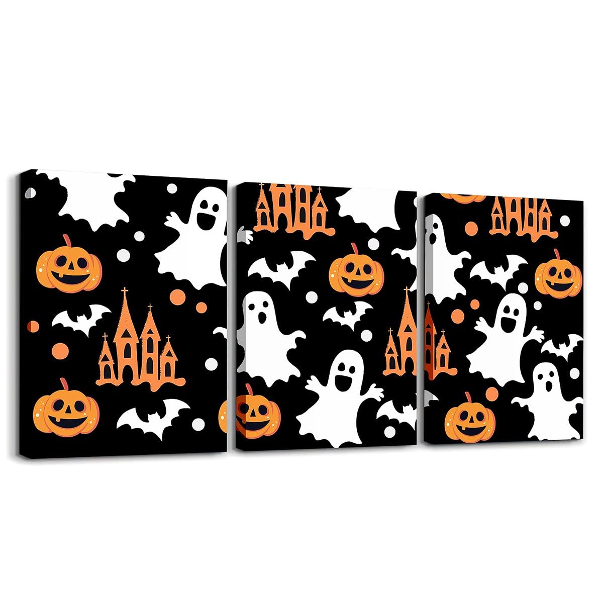 jejeloiu Halloween Decor Kids Canvas Wall Art for Living Room Bedroom Cartoon Ghost Picture Wall Decor for Bathroom Bat Boys Girls Artwork Posters Pumpkins Painting 12"x16"x 3Pcs