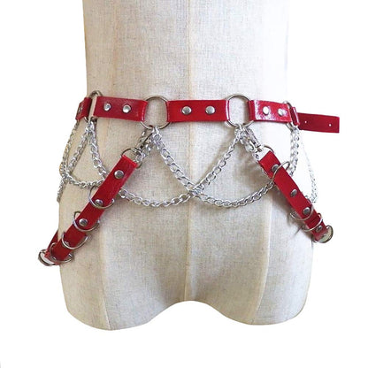 Punk Women Red Leather Harness Garter Belt Adjustable Waist Leg Body Chain Caged with Metal Tassel for Dress Rave Club Party