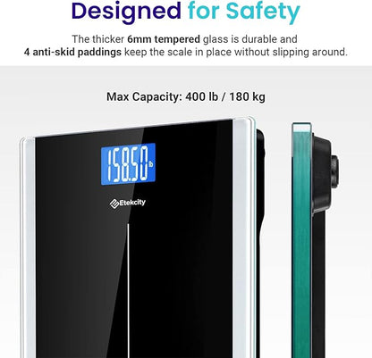 Etekcity Bathroom Scale for Body Weight, Highly Accurate Digital Electronic Weighing Machine for People, LCD Display, Large Size, 6mm Tempered Glass for Safe Home Use, Batteries Included, 400 lbs