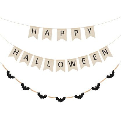SmoothNovelty 2 Sets Halloween Decoration Wooden Felt Bat Bead Wreath Banner and Halloween Pull Flag Banner for Farmhouse Bat Wreath Decor for Mantel and Wall