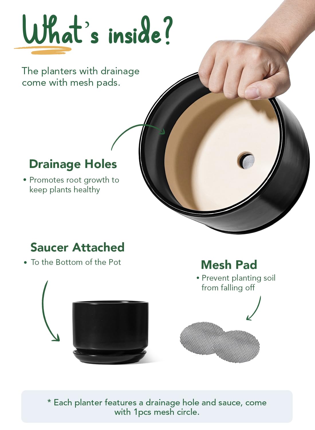 LE TAUCI Ceramic Plant Pots, 4.3+5.3+6.8 inch, Set of 3, Planters with Drainage Hole and Saucer, Indoor Flower Pot with Hole Mesh Pad, Gifts for Mom, Black