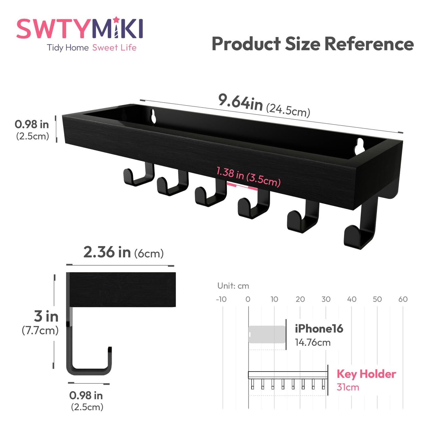 SWTYMIKI Key Holder Wall Mount - Wooden Key Hooks for Wall with Mail Organizer & 6 Hooks, 2 Installation Ways Key Hanger, Key Rack with Shelf for Entryway Living Room Bedroom Office Home Decor Black