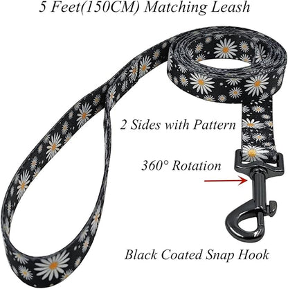Dog Collar Leash Set, Floral Pattern, Polyester Material, Adjustable Collar and 5ft Matching Leash, for Large Dogs.(L, Black Daisy)