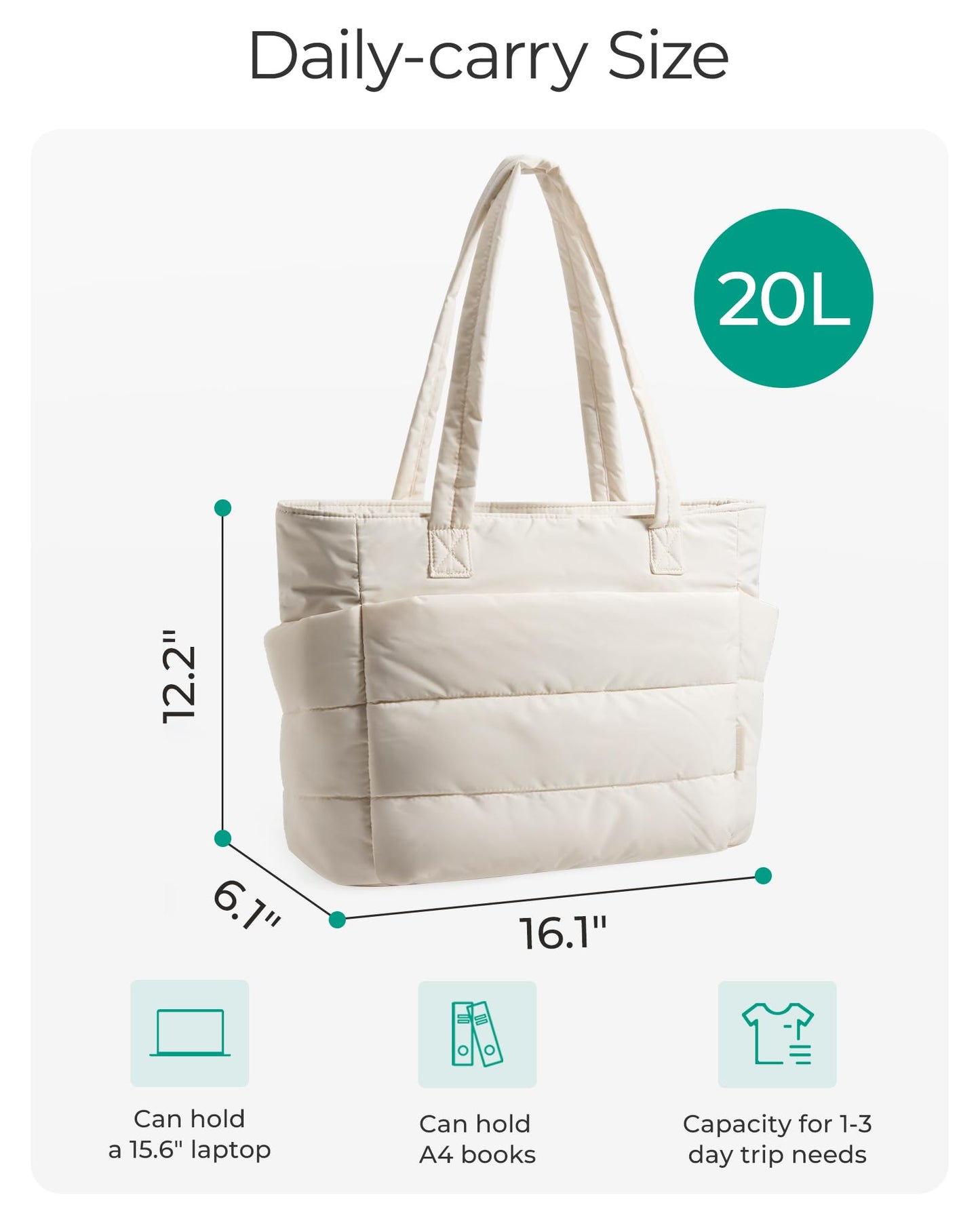 BAGSMART Tote Bag for Women, Lightweight Puffy Tote Bag with Compartments Shoulder Bag Handbag Quilted Shoulder Bag Handbag for Travel, Work, Beach, Gym, Shop(Beige)