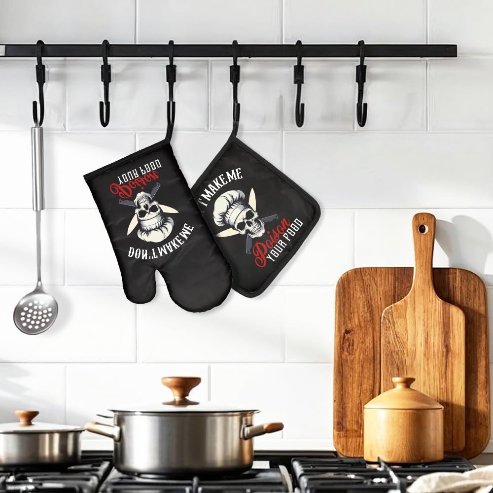 DYJYBMY Don't Make Me Poison Your Food Funny Goth Oven Mitts and Pot Holder Set, Funny Skeleton Kitchen Gadgets for Male Host Hostess, Housewarming Baking Gifts for Mom Dad Wife Husband Sister Friend