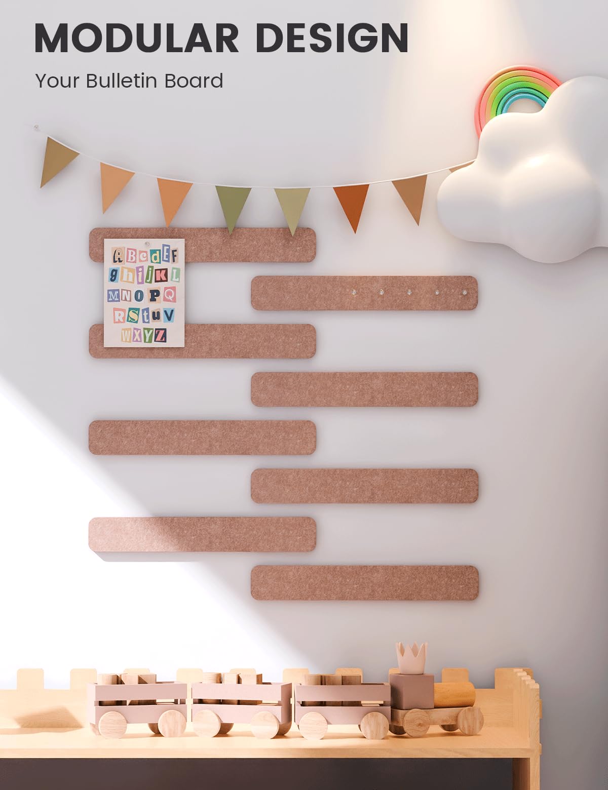 Fluxynara Cork Board Alternative Felt Strip Board 8-Pack 13"x2", Office Pin Board with 50 Push Pins, Adhesive Install for Bedroom Door & Home Office (Terracotta)