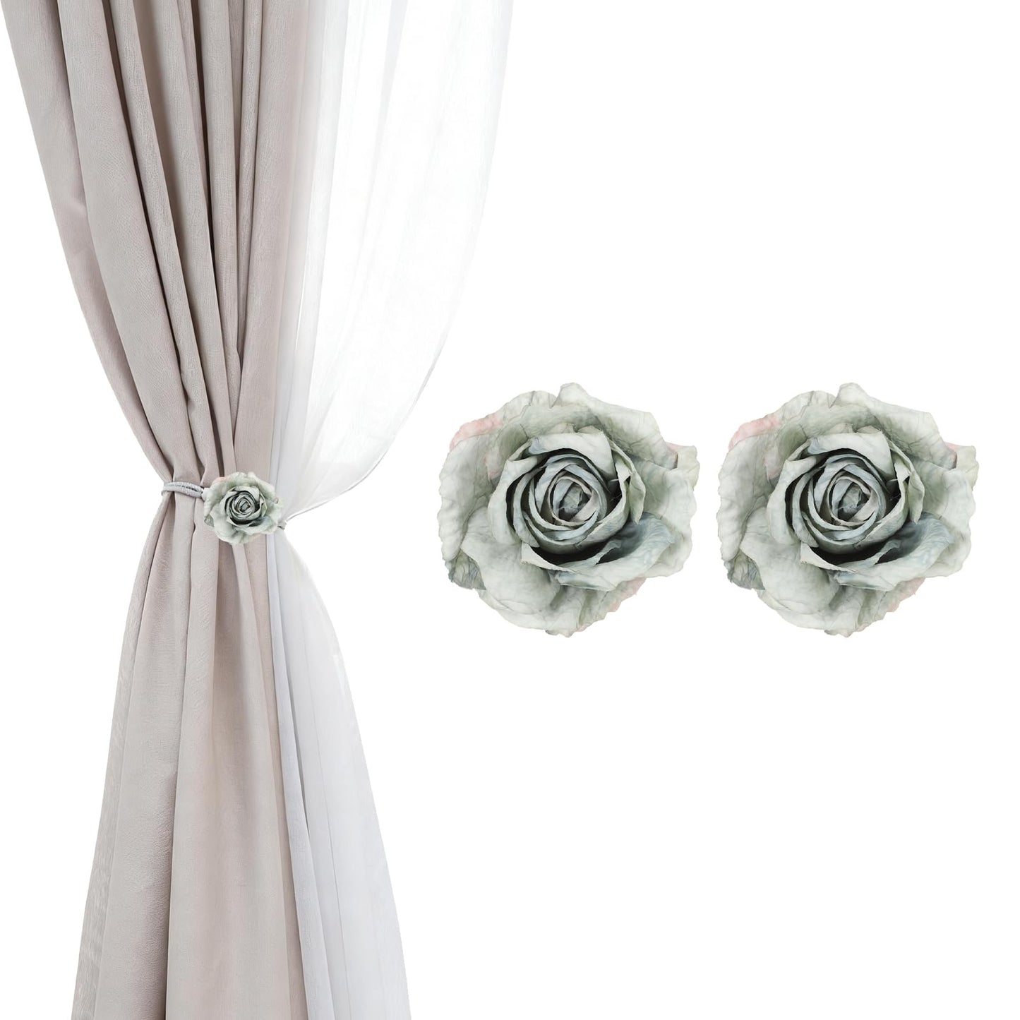 PATIKIL Rose Flower Curtain Tiebacks, 2 Pcs Artificial Floral Curtain Tie Clips, Modern Curtain Holder Buckles, Window Drapery Decorative Clips for Home, Room, Office, Green