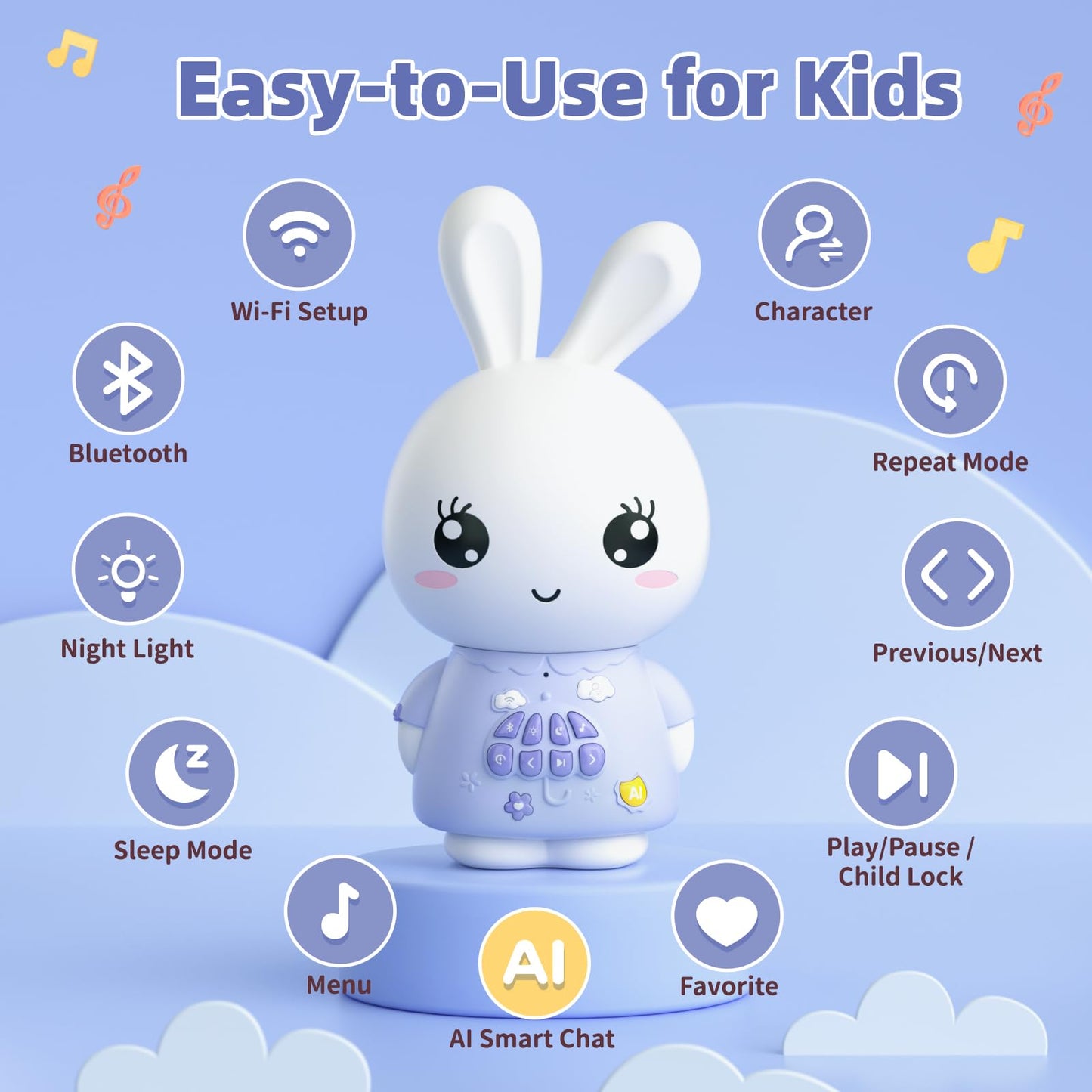 alilo AI Toys for Kids, Smart Companion with Real-Time Voice, 4 Agents & 91 Languages, Preloaded 48 Bunny English/50 Stories/66 Music/28 Lullabies/34 Classical Tunes, Bluetooth Speaker