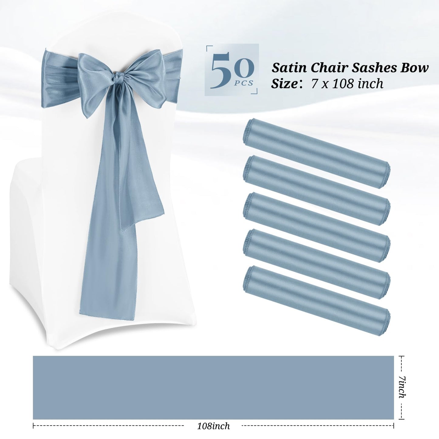 Pesonlook 50Pcs Satin Chair Sashes Ties, Dusty Blue Satin Chair Sashes Bows Chair Cover Back Tie Supplies for Wedding Reception Events Banquets Party, Hotel Event, Chairs Decoration