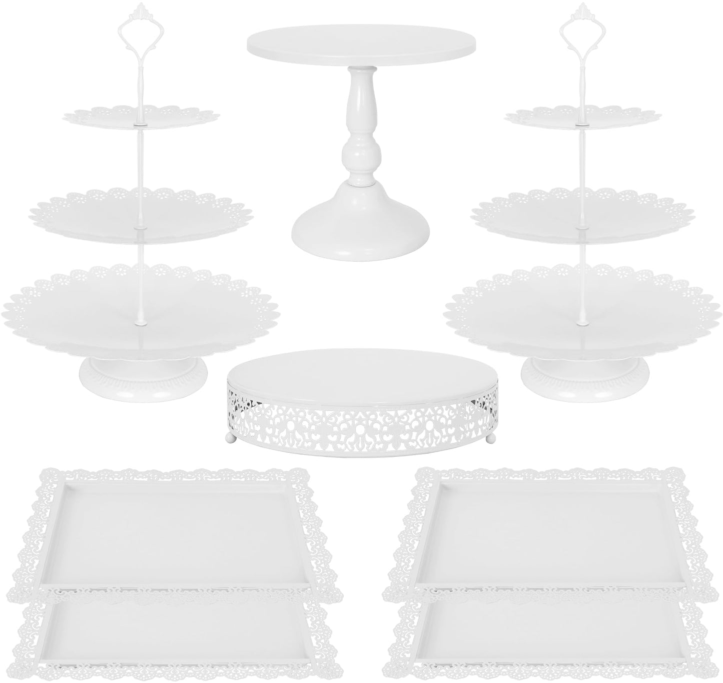 Fivenl 8 Pcs Cake Stand White Metal Dessert Table Display Set, 3-Tier Cupcake Stand, Cake Display Tower and Cookie Tray Rack Serving Tray for Birthday Party, Weddings, Baby Shower (White)