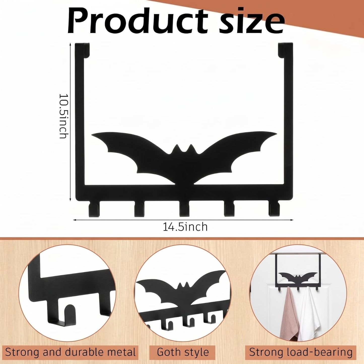 Reallnaive Gothic Bat Over The Door Hooks Goth Bathroom Decor Creepy Hanger Wall Mount Rack Holder for Towel, Hat, Coat, Cloth, Keychain, Bag, Home Organizer
