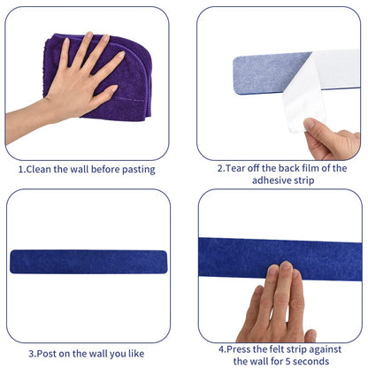 Vuzvuv 8 pcs Bulletin Board Bar Strips with 50 Pushpins & 10 Wooden Clip pins，Self Adhesive Cork Board for Wall，Felt Pin Board for School，Office Decor(Blue)