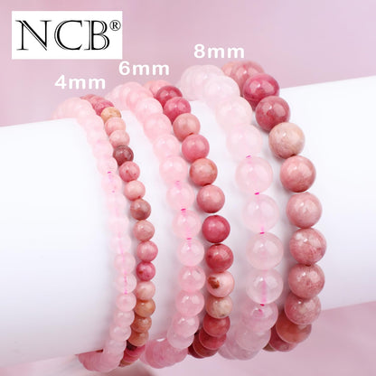 NCB 2-Piece 4mm Natural Crystal Gemstone Stretch Bracelets – ﻿Pink Quartz, Rhodochrosite Handmade Reiki Energy Healing Jewelry for Meditation,Yoga, Unisex