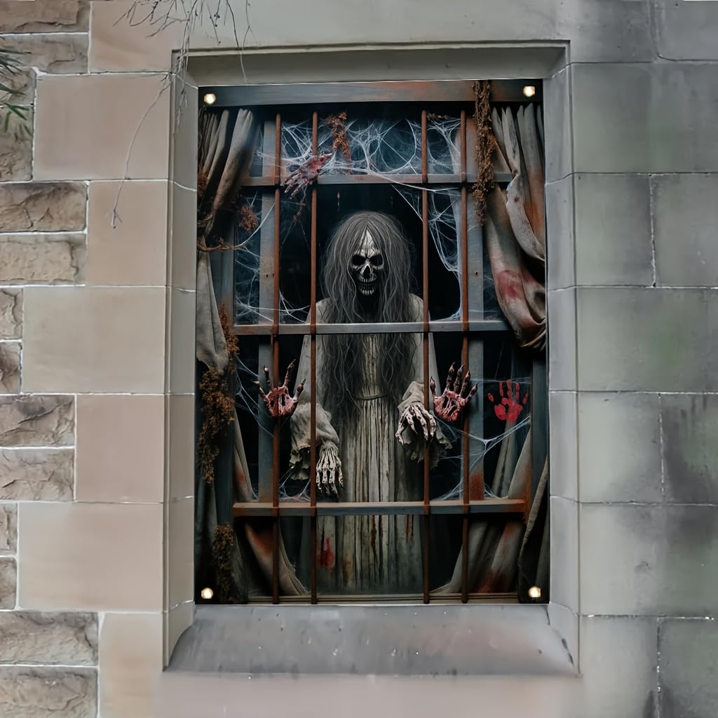 Tomhong Halloween Window Cover 31x47 Inch Scary Skeleton Ghost Window Banner HauntedHouse Decoration Bloody Hands Cobwebs Horror Indoor Outdoor Wall Spooky Party SeasonalDecor