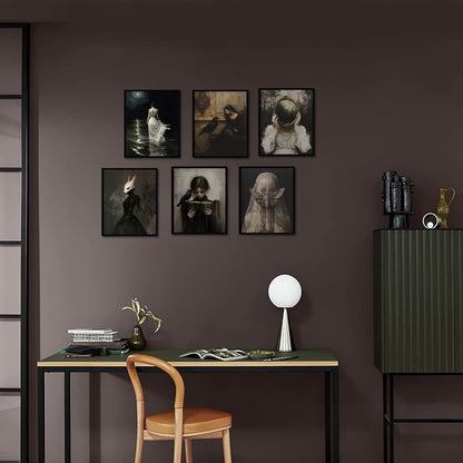 WOKAOGO Black Framed Wall Art Witch Wall Art Dark Academia Canvas Art Gothic Pictures Vintage Paintings Victorian Prints Moody Artwork