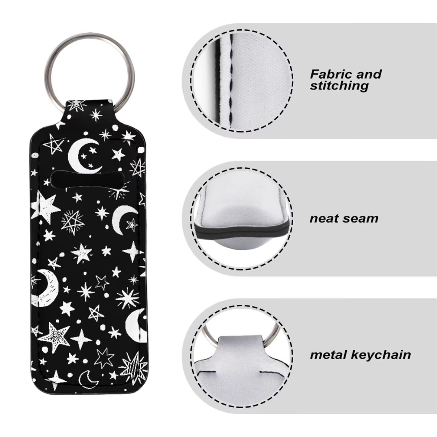 Suobstales Star Moon Print Travel Bottles with Keychain Holder Black Chapstick Holder Keychain Set Neoprene Portable Pouch Wristlet Lanyards for Home Traveling
