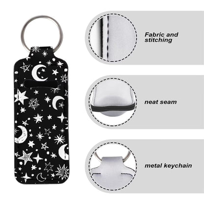 Suobstales Star Moon Print Travel Bottles with Keychain Holder Black Chapstick Holder Keychain Set Neoprene Portable Pouch Wristlet Lanyards for Home Traveling